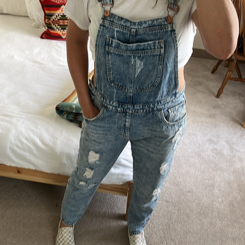 Cute slim fit denim distressed overalls